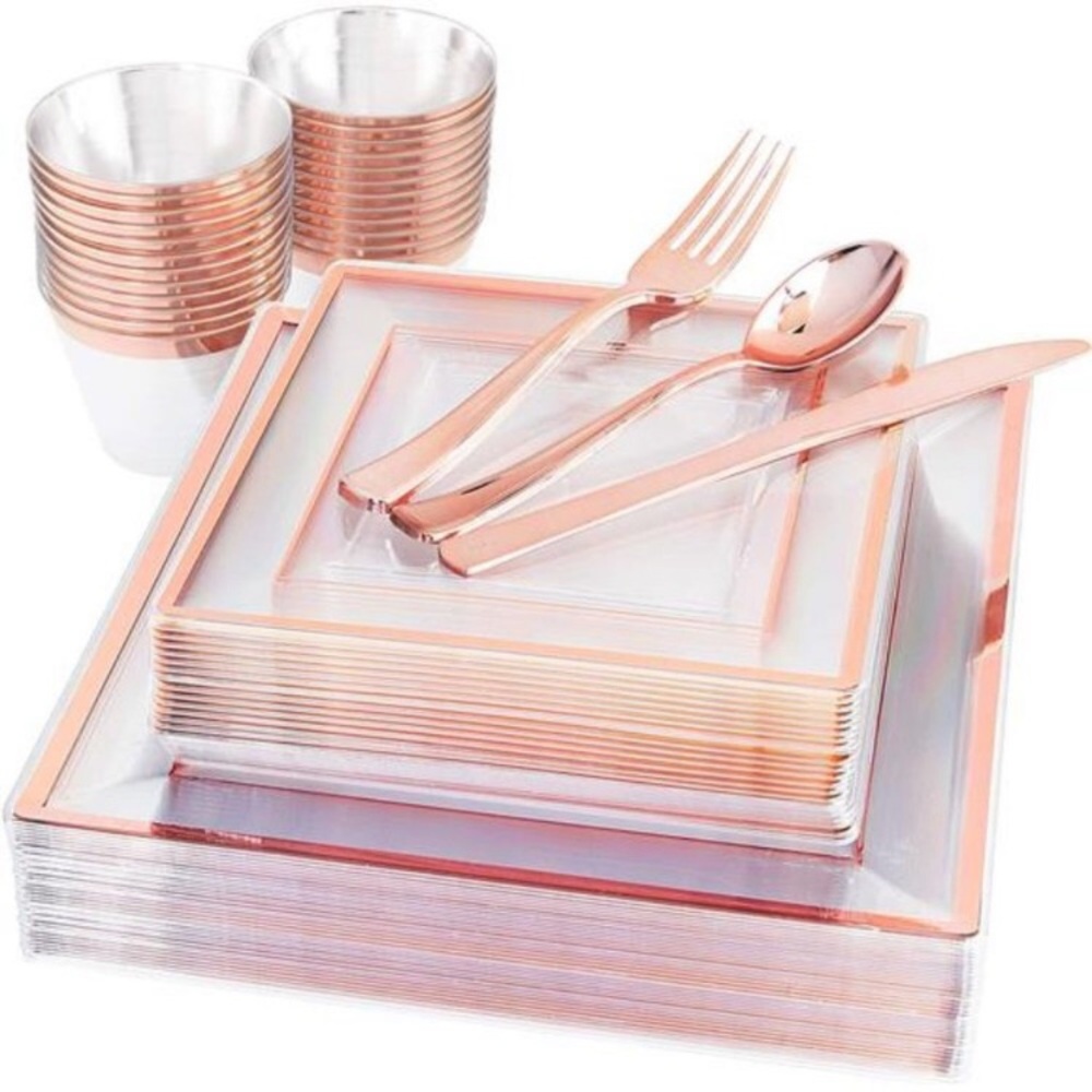 150 Pieces Rose Gold Square Plastic Plates with Silverware and Cups, Disposable